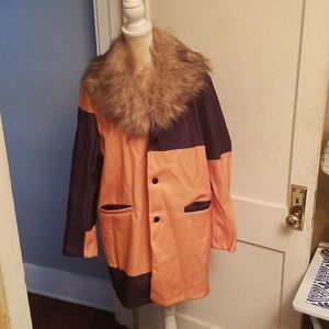 Womens Orange & Navy Color Block  Faux Fur Removable Collar Coat New Wool Look L